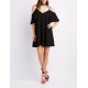 Ruffle-Trim Cold Shoulder Swing Dress  Online only! Demand a double take in this flirty crepe knit dress! Skinny straps frame a sleek V-neckline  EbCqHQZW 302368483