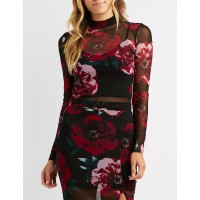 Floral Mesh Crop Top  Floral print contrasts edgy mesh to shape this extra cute crop top! Long sleeves frame the mock neckline for a sophisticated silhouette  ab1nV0dw 302415191