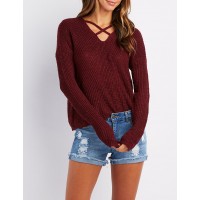 Caged Shaker Stitch Sweater  Online only! Chunky shaker stitch creates a slouchy sweater with a caged front detail to add some edge! Two wide knit straps crisscross at the deep V-neckline  O7Lc4jfW 302447622