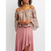 Floral Off-The-Shoulder Bell Sleeve Top Flowers and birds paint this sheer chiffon top RiEgQN5u 302431597
