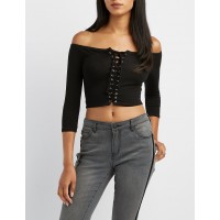 Off-The-Shoulder Lace-Up Crop Top  This soft cotton top is extra sexy in an extra cropped shape! Attached quarter length sleeves sit off-the-shoulder for that skin baring style  13DvQJYt 302451174