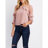 Swiss Dot Ruffle-Trim Keyhole Top  Make a charming statement in this sweet crepe knit blouse! Swiss dot mesh panels frame the shoulders and a crew neckline  c5xrUgjG 302420873