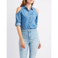 Chambray Cold Shoulder Button-Up Shirt  Dream in jean with this flirty chambray woven top! A front button placket seals up this look from collar to hem  reLrSFOq 302420809
