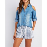Chambray Cold Shoulder Button-Up Top  Dream in jean with this flirty chambray woven top! A front button placket seals up this look from collar to hem  dHTeQkOa 302396546
