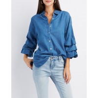 Chambray Ruched Sleeve Button-Up Tunic  Dream in jean in this soft woven medium wash chambray tunic top! A front button placket seals up this look form the pointed collar to the hem  QKTHvktT 302425416
