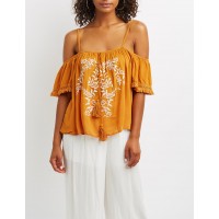 Embroidered Fringe Cold Shoulder Top  This peasant top with shoulder baring style is extra beachy and extra cute! Skinny shoulder straps top fringed short sleeves  LE0Zwt8C 302408540