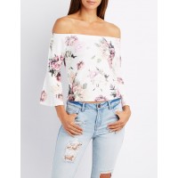Floral Off-The-Shoulder Bell Sleeve Top  Floral print decorates this soft sueded knit top  CxGUYoz0 302423858