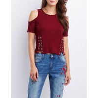 Ribbed Lace-Up Detail Cold Shoulder Top  Stretchy ribbed knit fabric sculpts this trendy little top! Thick shoulder straps frame a casual crew neckline  7l4LK1GT 302436110