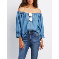 Chambray Off-The-Shoulder Button-Up Top  Show off your shoulders in this fun  ucQRPuQc 302425061