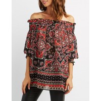 Paisley Smocked Off-The-Shoulder Top Silky chiffon fabric and a paisley print shape this boho chic top N10LfeGB 302409622