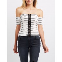 Striped Off-The-Shoulder Hook-And-Eye Top  Hook it up in this hot off-the-shoulder top! Ribbed knit in a stylish skinny stripe hugs the body and cap sleeves for a fitted look  tPBPaHvX 302386517