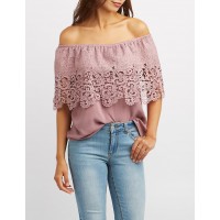 Crochet-Trim Off-The-Shoulder Top Scalloped crochet trims the woven panel that flutters across the neckline and around the arms OAyCfybd 302397075