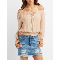 Embroidered-Trim Keyhole Off-The-Shoulder Top Airy gauze fabric sculpts this adorable top that is sure to be a summer staple! Smocked elastic sculpts the sexy off-the-shoulder neckline h2C8ZYbh 302393605