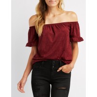 Faux Suede Ruffle Off-The-Shoulder Top Soft faux suede gives this signature style a fresh new take! Cinched elastic frames a sexy off-the-shoulder neckline NESFJIGy 302431411