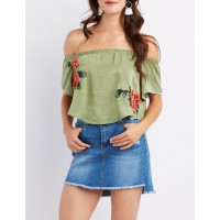 Floral Patch Off-The-Shoulder Crop Top  Online only! Silky satin fabric sculpts this super chic crop top that is perfect for any day to night looks! Narrow elastic sculpts the off-the-shoulder neckline  w4NzRBqW 302426084