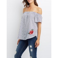 Striped Off-The-Shoulder Button-Up Top Fresh and crisp woven fabric makes this striped short sleeve blouse! Cinched elastic frames the off-the-shoulder shape cTrz0v93 302434957